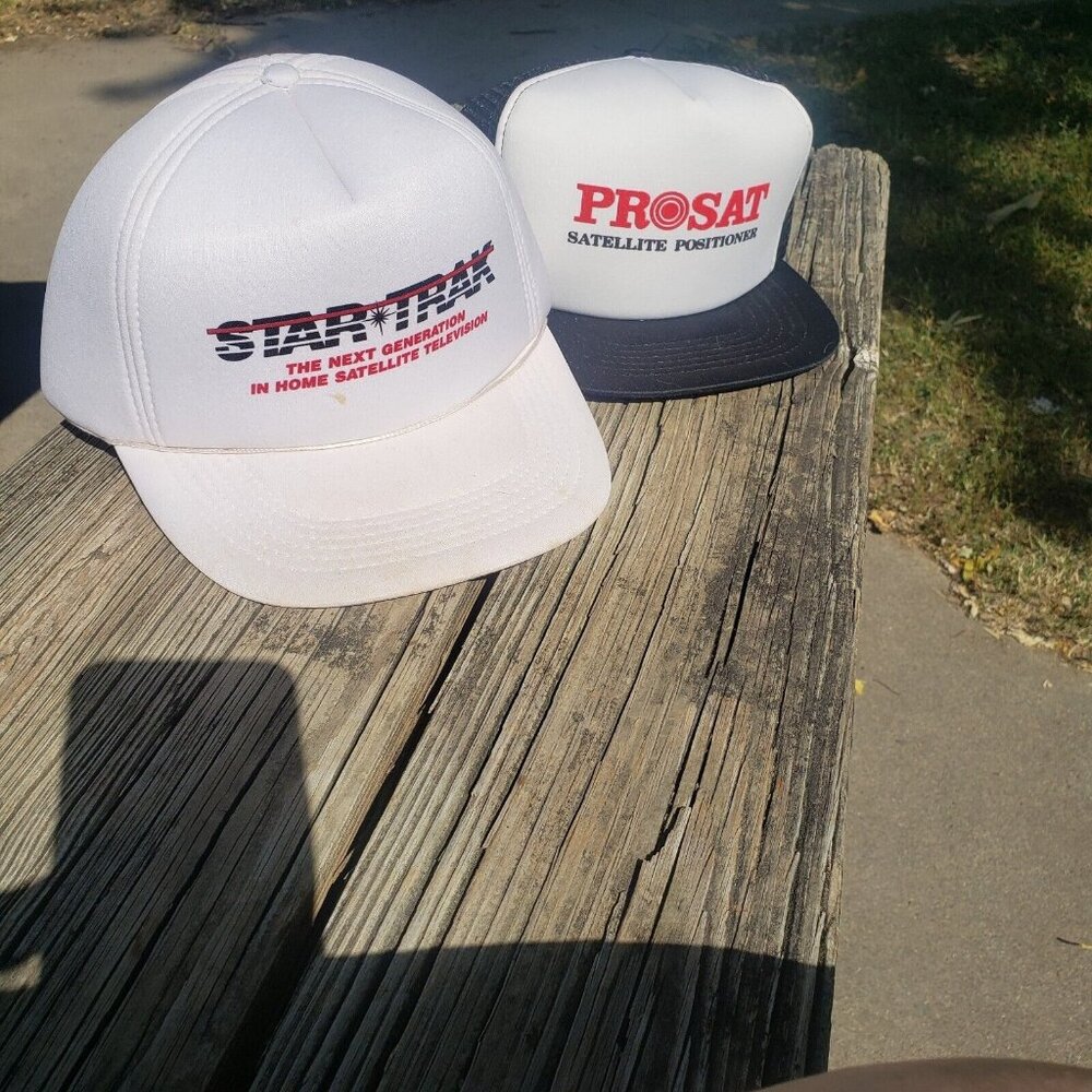 Pair Vintage Snapback Trucker Hat Advertising Satellite TV Movie Mesh & Foam‎